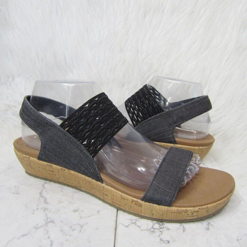 Skechers Black Luxe Foam Brie Most Wanted Cork Wedge Sandals size 9 119013